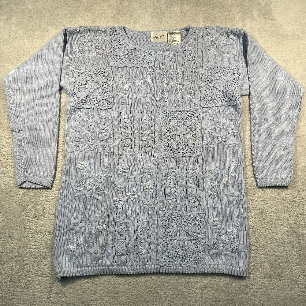 Vintage 90s Kathie Lee Sweater Womens S Blue‎ Patchwork Floral Knit Cottagecore